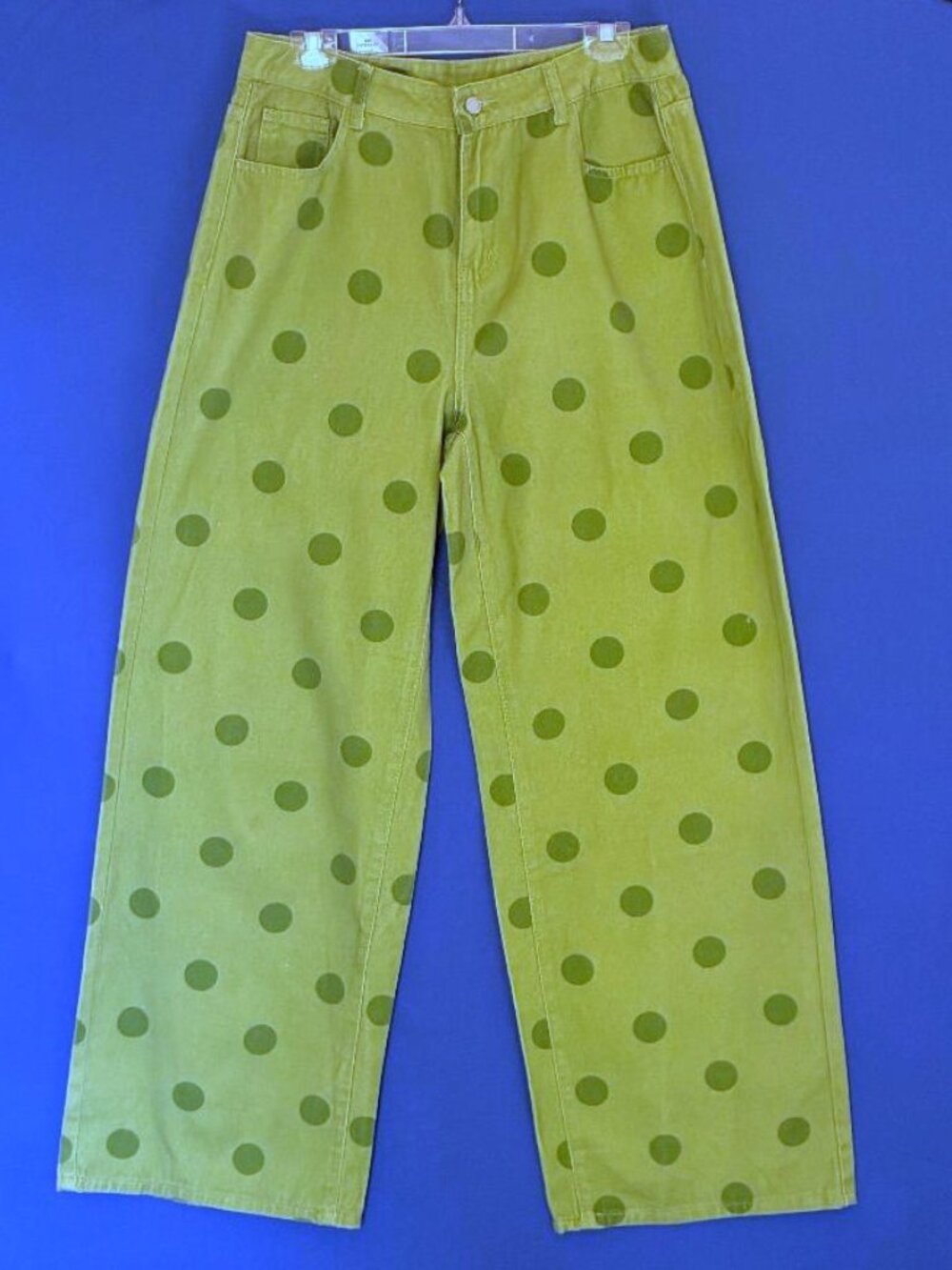 Missguided Wide Leg Highrise Pants Jeans Green Polka Dot Sz 30 NWT